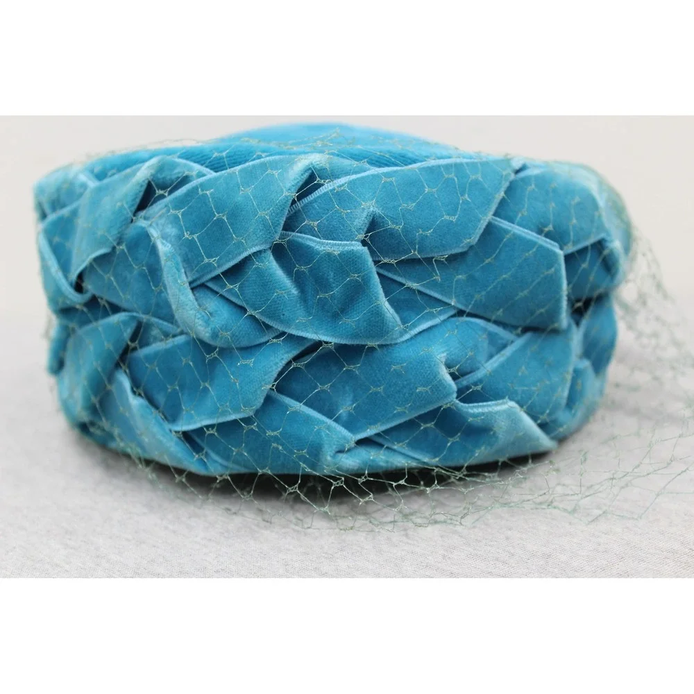 Vintage Hat Women OS Blue Pillbox Braided Velvet Veiled Mid Century Retro
